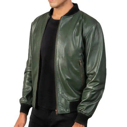 Men's Green Real Leather Motorcycle Bomber Jacket