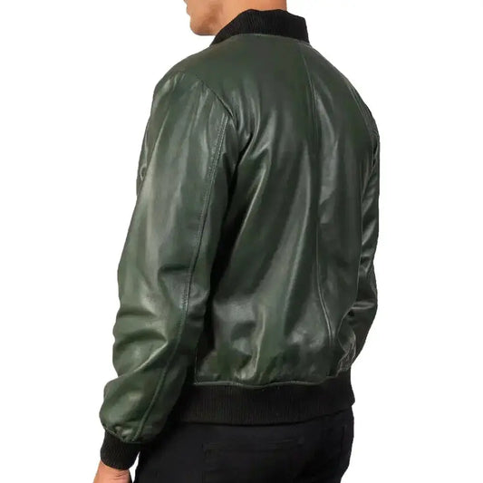 Men's Green Real Leather Motorcycle Bomber Jacket