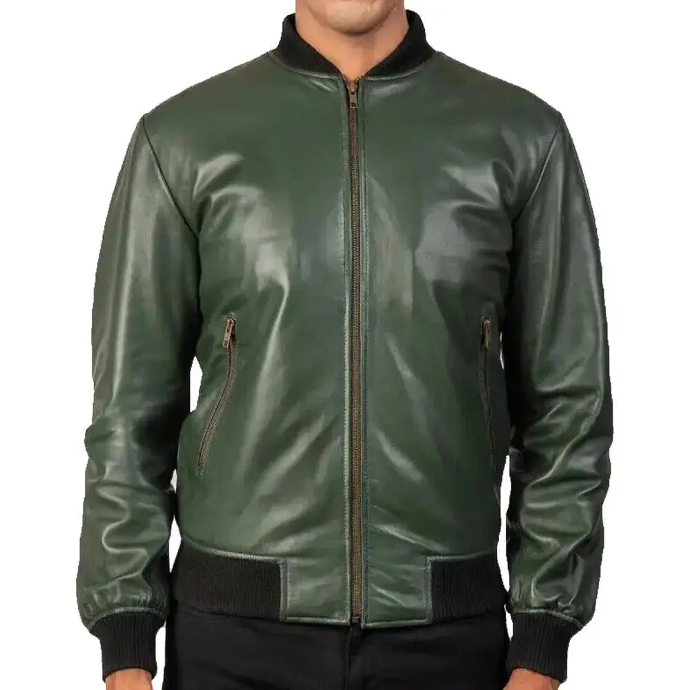 Men's Green Real Leather Motorcycle Bomber Jacket