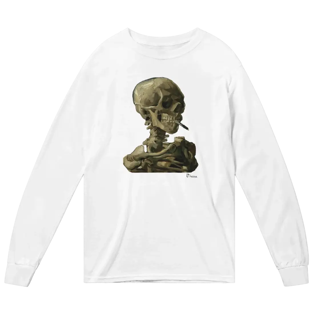 t-shirt à manches longues van gogh, crâne d'un squelette avec une cigarette allumée, 1886