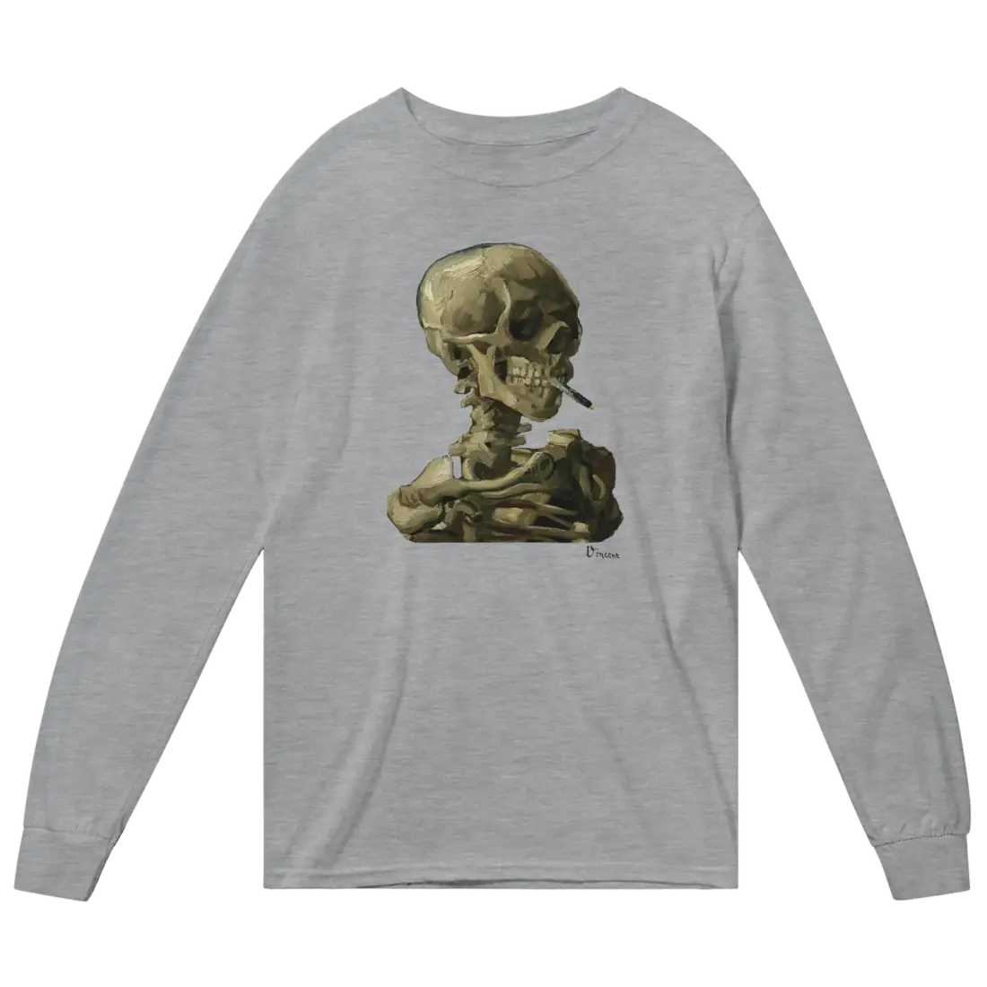 t-shirt à manches longues van gogh, crâne d'un squelette avec une cigarette allumée, 1886