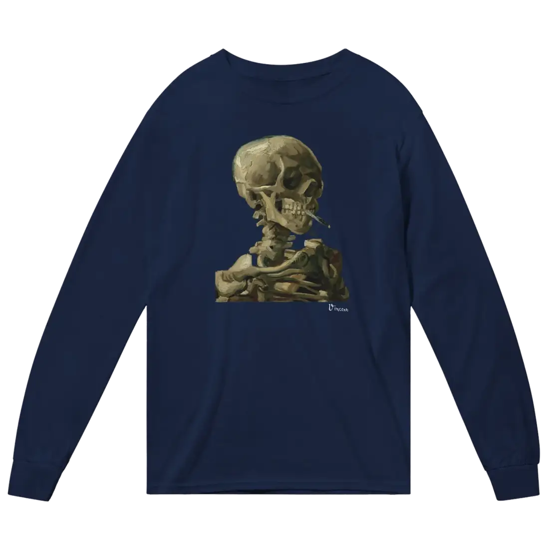 t-shirt à manches longues van gogh, crâne d'un squelette avec une cigarette allumée, 1886