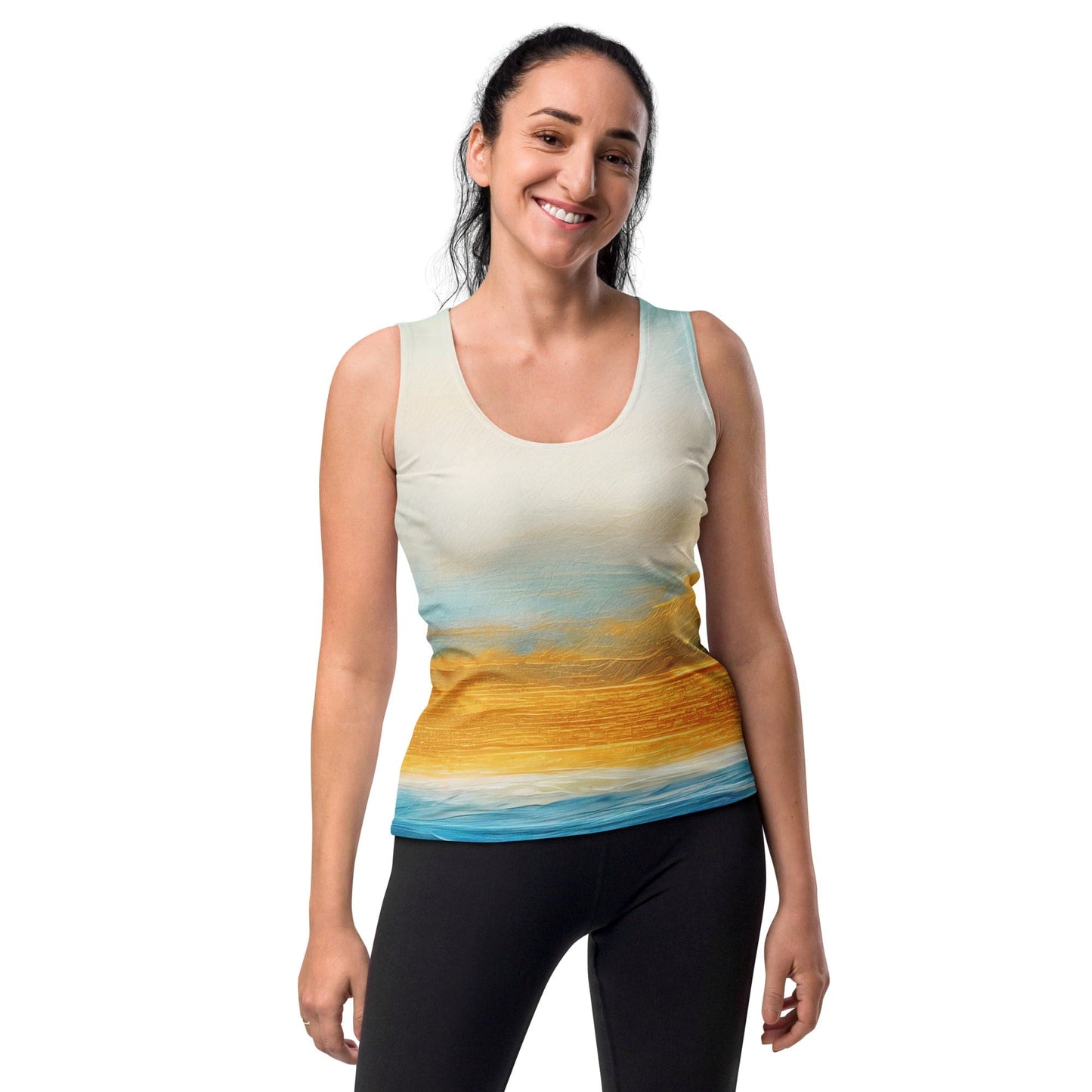 Womens Stretch Fit Tank Top - Blue Ocean Golden Sunset Print