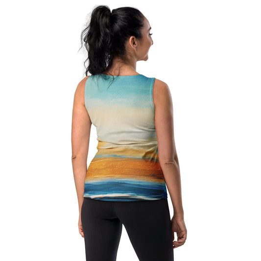 Womens Stretch Fit Tank Top - Blue Ocean Golden Sunset Print