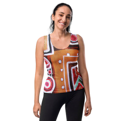 Womens Stretch Fit Tank Top - Brown Orange Green Aztec Pattern