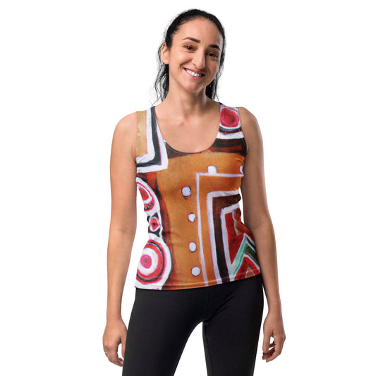 Womens Stretch Fit Tank Top - Brown Orange Green Aztec Pattern