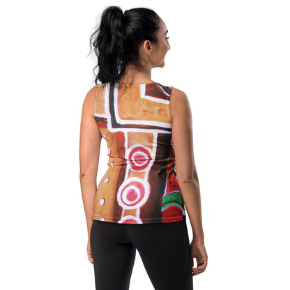 Womens Stretch Fit Tank Top - Brown Orange Green Aztec Pattern