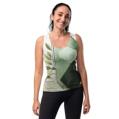 Womens Stretch Fit Tank Top - Olive Green Mint Leaf Geometric Print