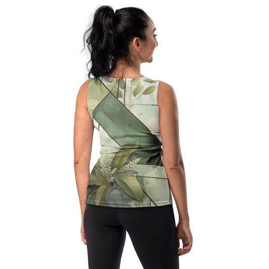 Womens Stretch Fit Tank Top - Olive Green Mint Leaf Geometric Print